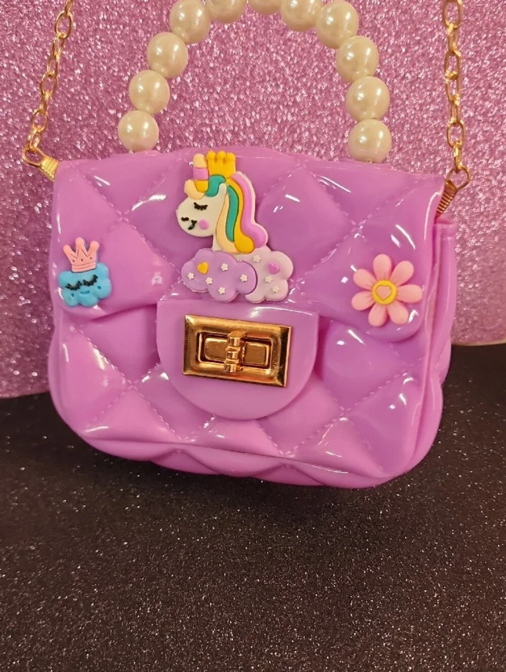 Kids Purple Unicorn Pearl-Handle Mini Bag with Gold Chain